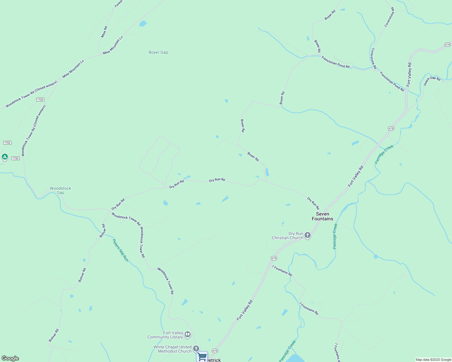 map of restaurants, bars, coffee shops, grocery stores, and more near Dry Run Road in Fort Valley