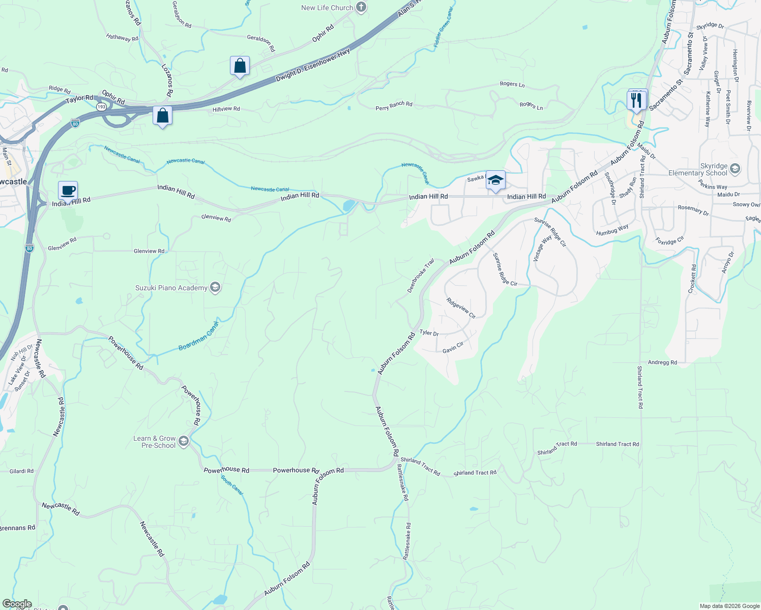 map of restaurants, bars, coffee shops, grocery stores, and more near 643 Lakeridge Drive in Auburn