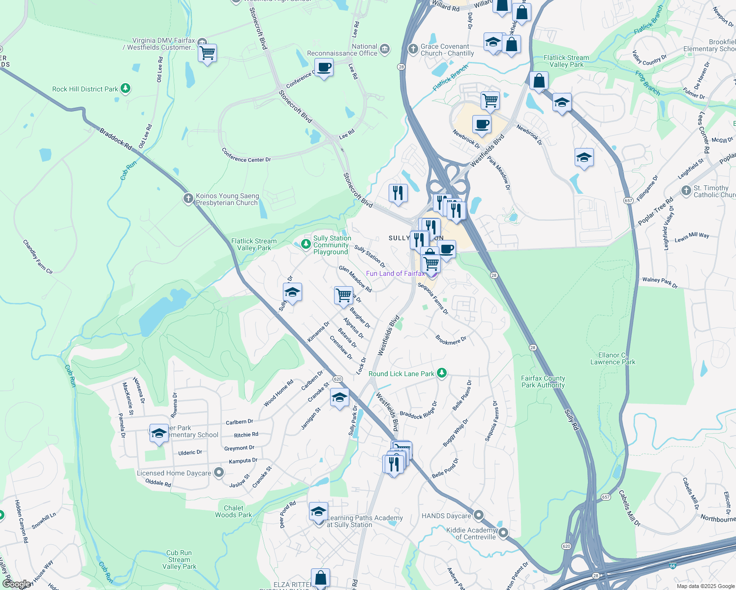 map of restaurants, bars, coffee shops, grocery stores, and more near 5225 Glen Meadow Road in Centreville