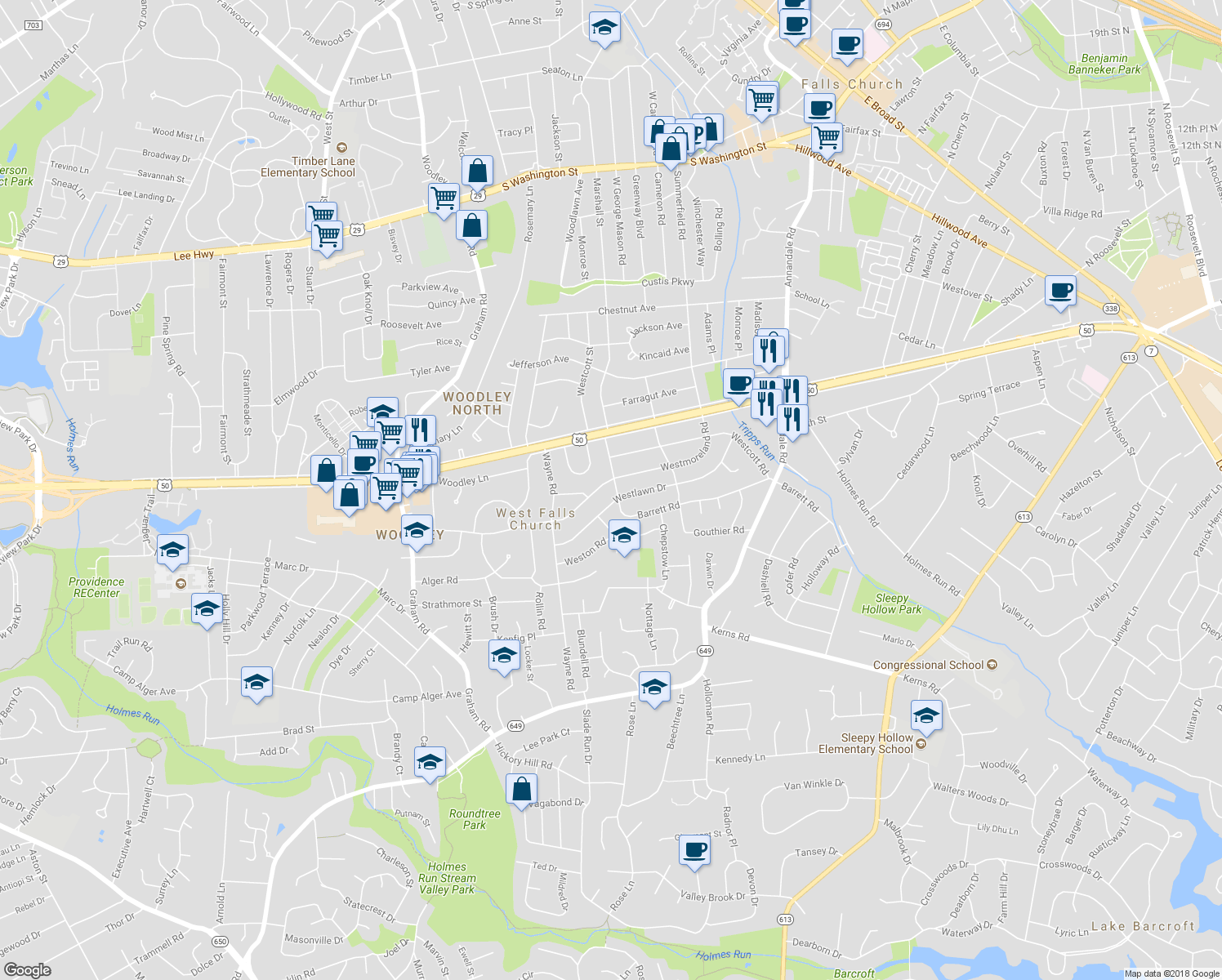 map of restaurants, bars, coffee shops, grocery stores, and more near 6915 Barrett Road in Falls Church