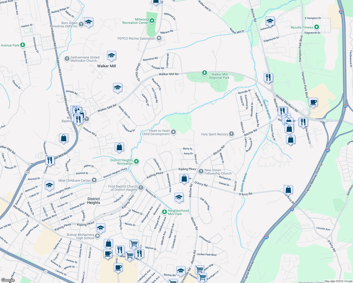 map of restaurants, bars, coffee shops, grocery stores, and more near 7613 Starshine Dr in District Heights