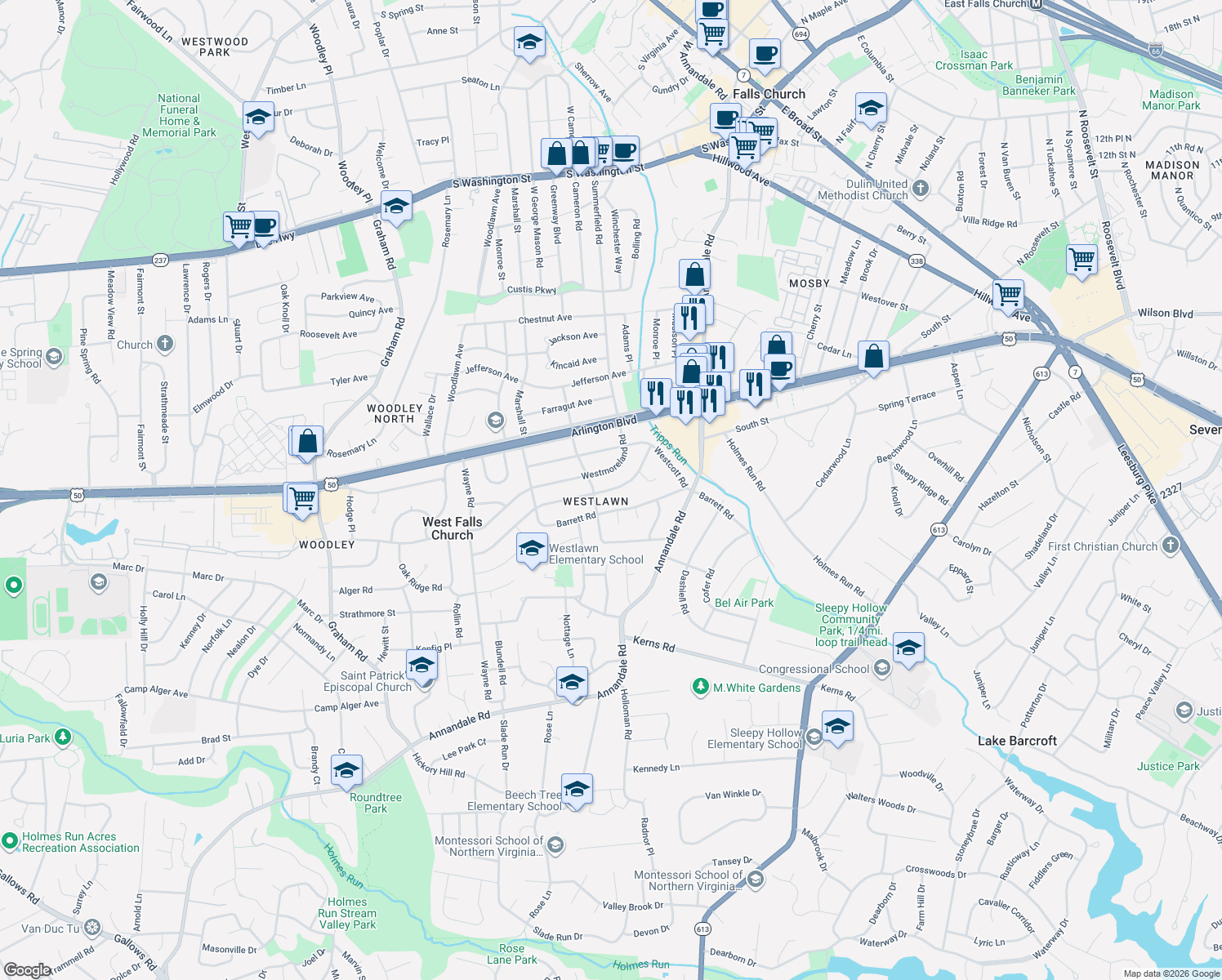 map of restaurants, bars, coffee shops, grocery stores, and more near 6804 Westlawn Drive in Falls Church