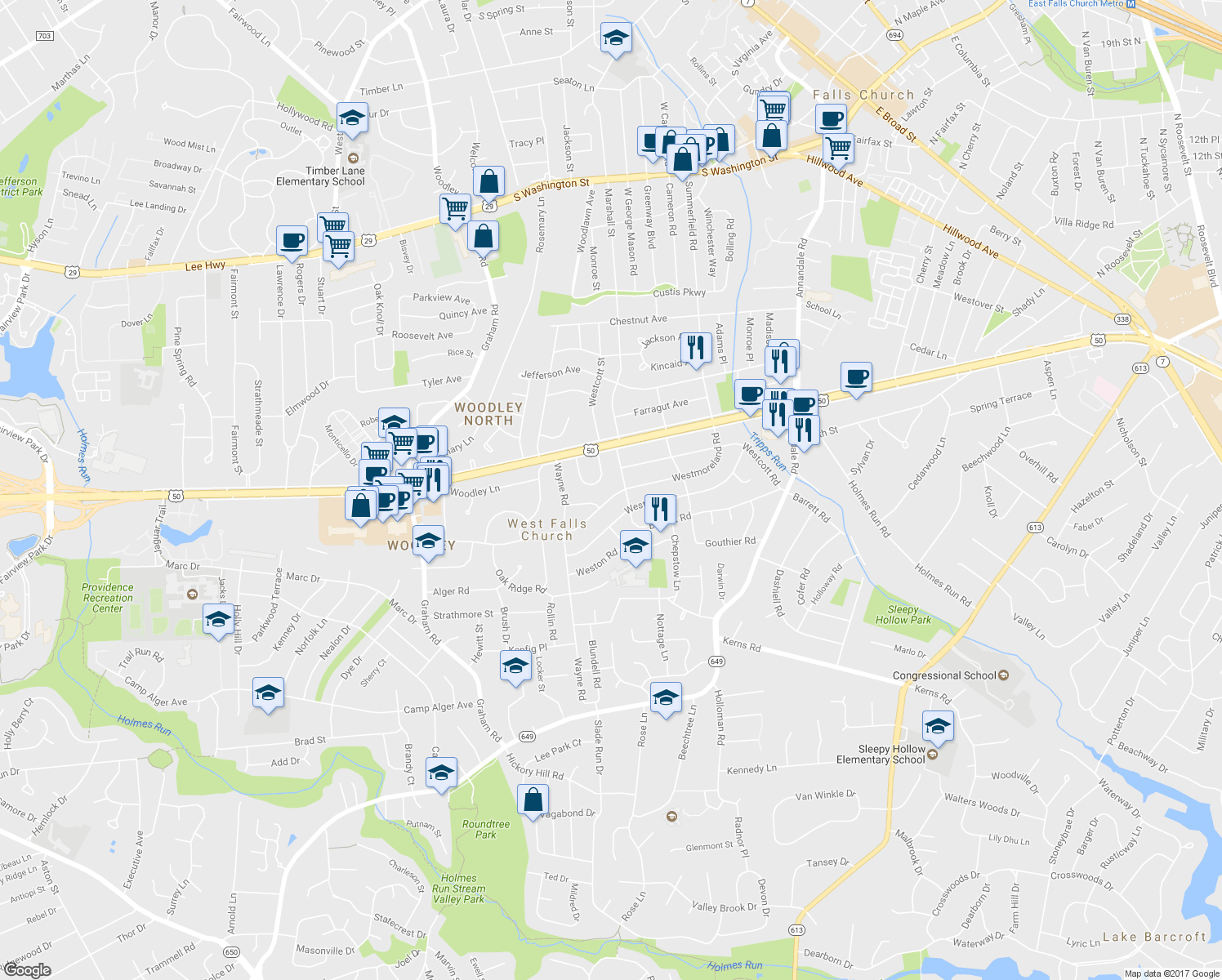 map of restaurants, bars, coffee shops, grocery stores, and more near 6914 Westmoreland Road in Falls Church