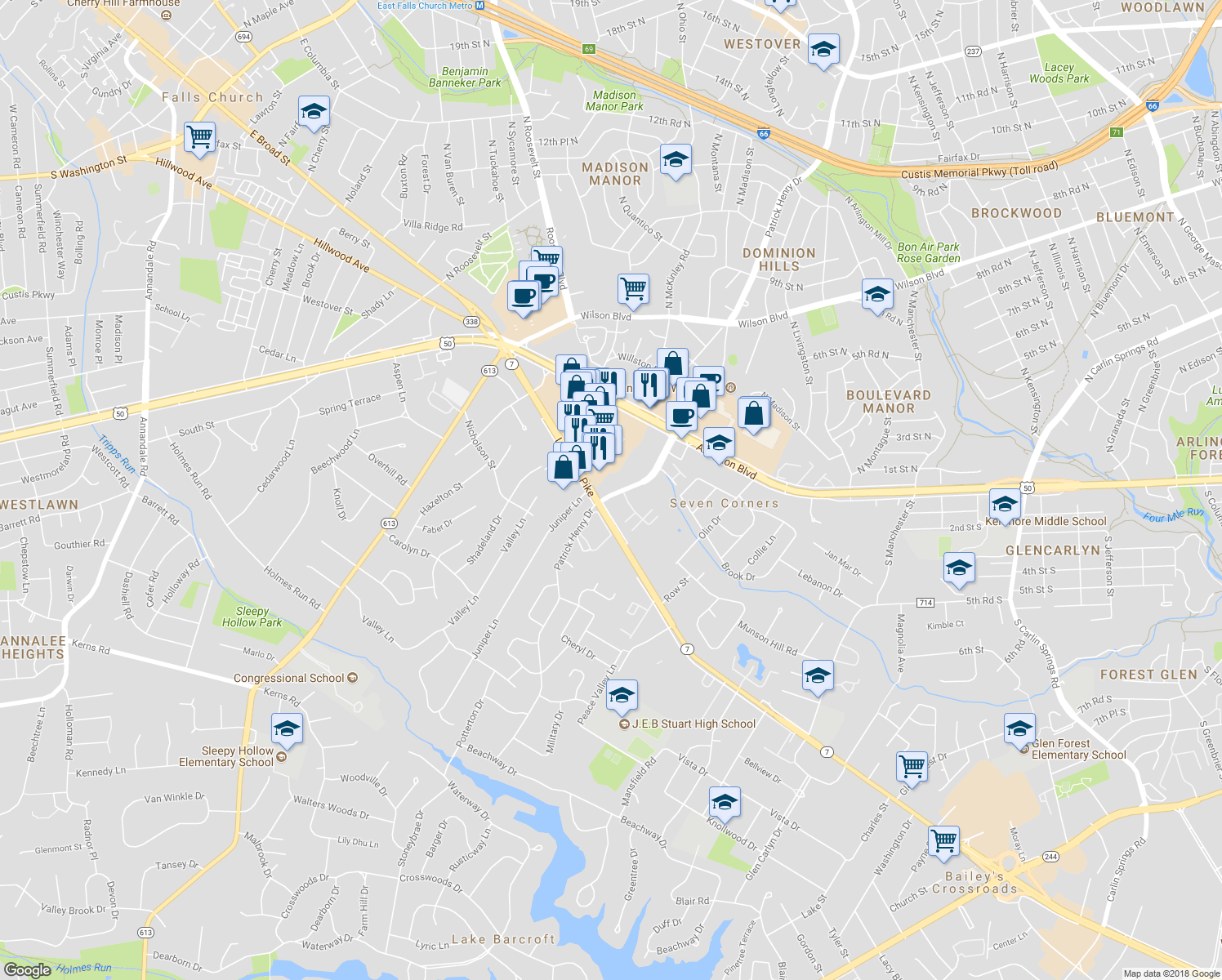 map of restaurants, bars, coffee shops, grocery stores, and more near 3078 Patrick Henry Drive in Falls Church