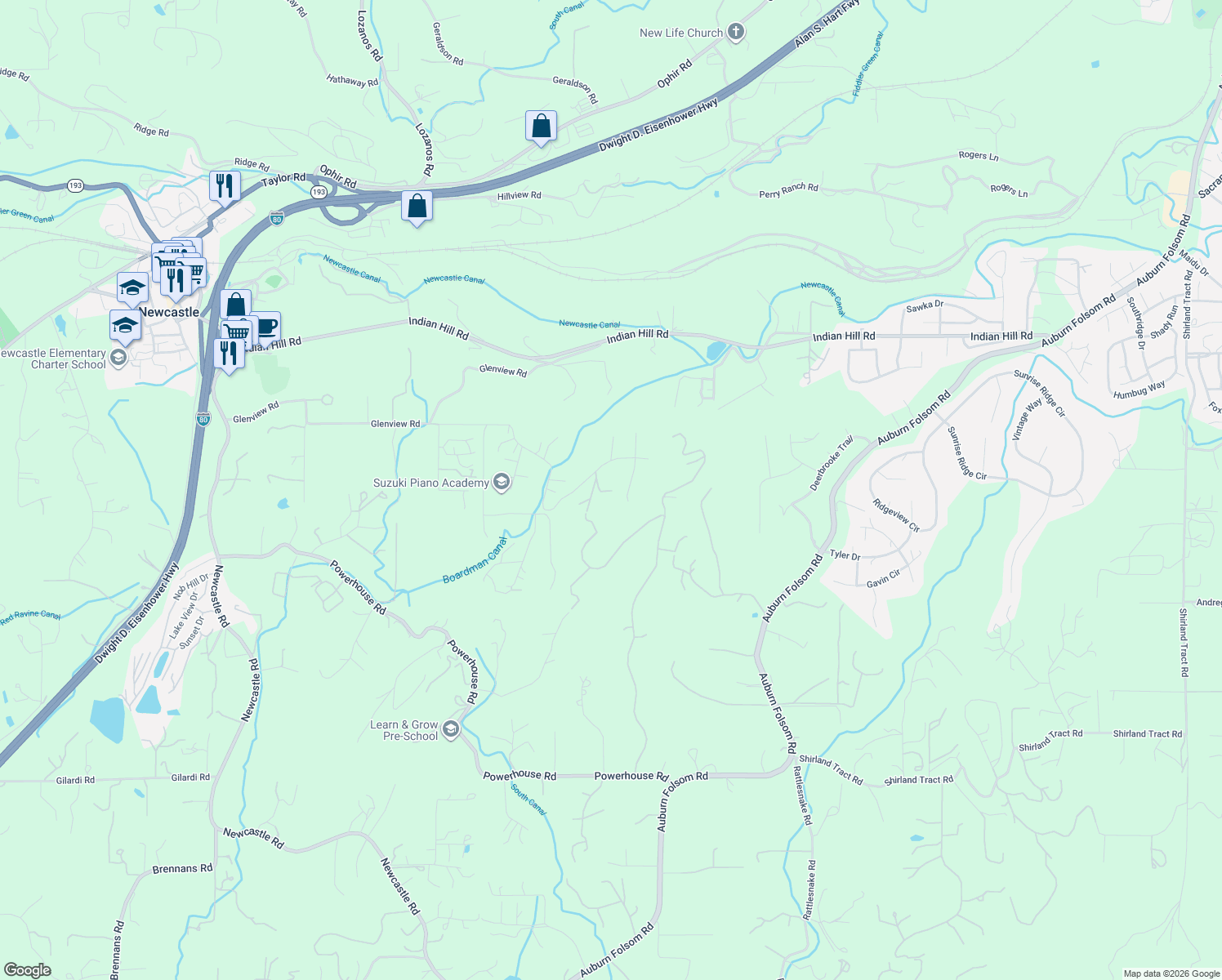 map of restaurants, bars, coffee shops, grocery stores, and more near 10000 Quail Hill Drive in Newcastle