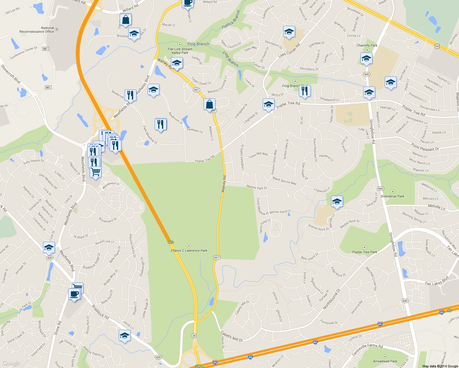map of restaurants, bars, coffee shops, grocery stores, and more near 13903 Walney Park Drive in Chantilly