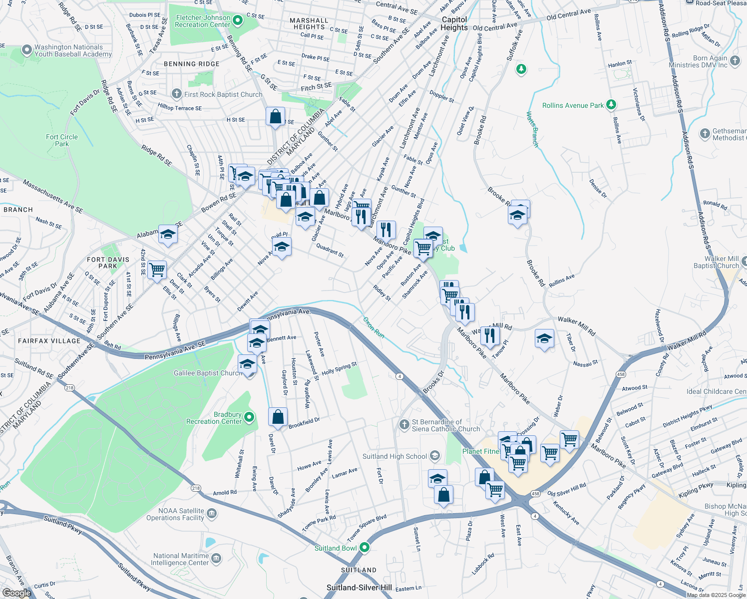 map of restaurants, bars, coffee shops, grocery stores, and more near 1709 Quarter Avenue in Capitol Heights