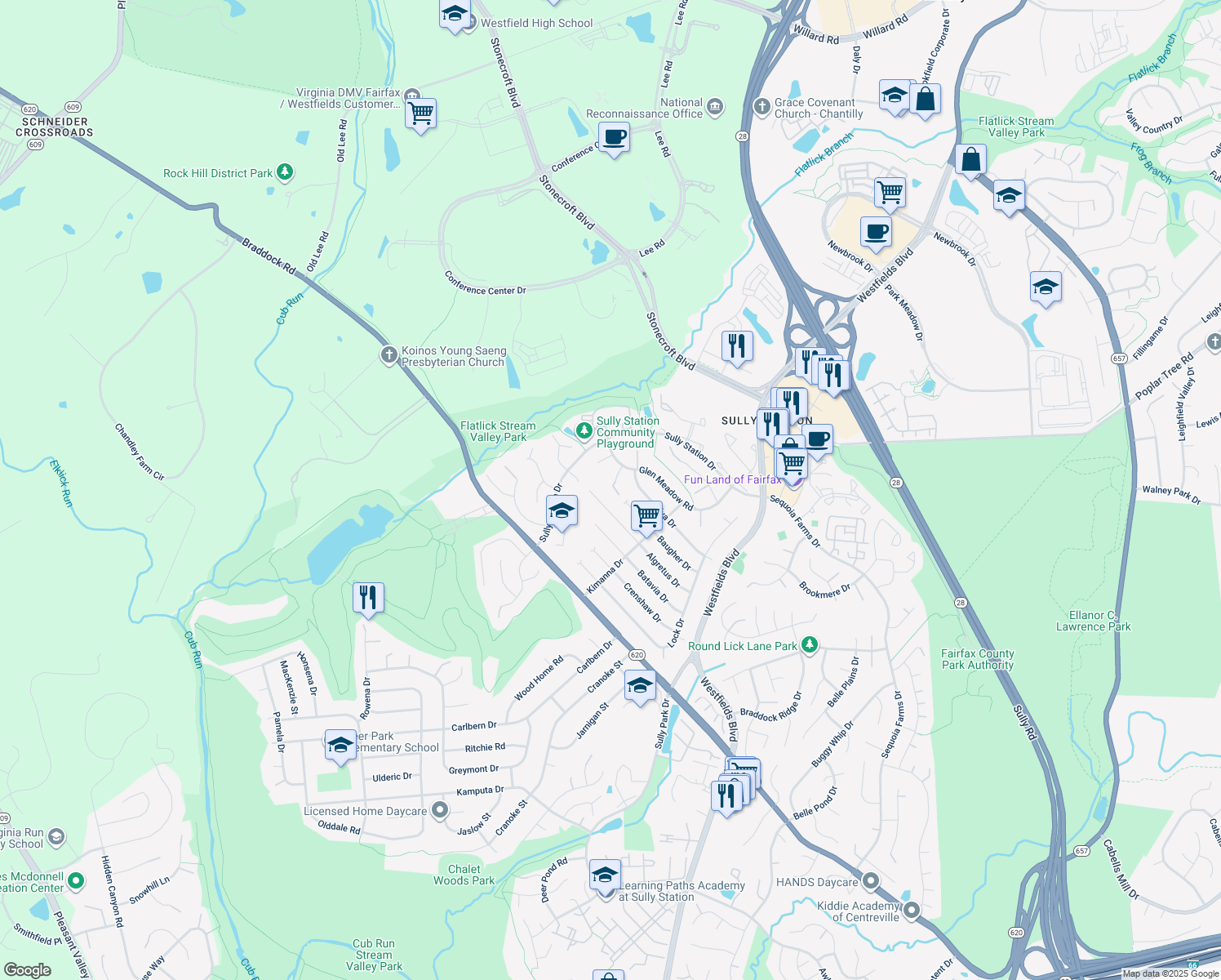 map of restaurants, bars, coffee shops, grocery stores, and more near 14708 Rabbit Run Court in Centreville