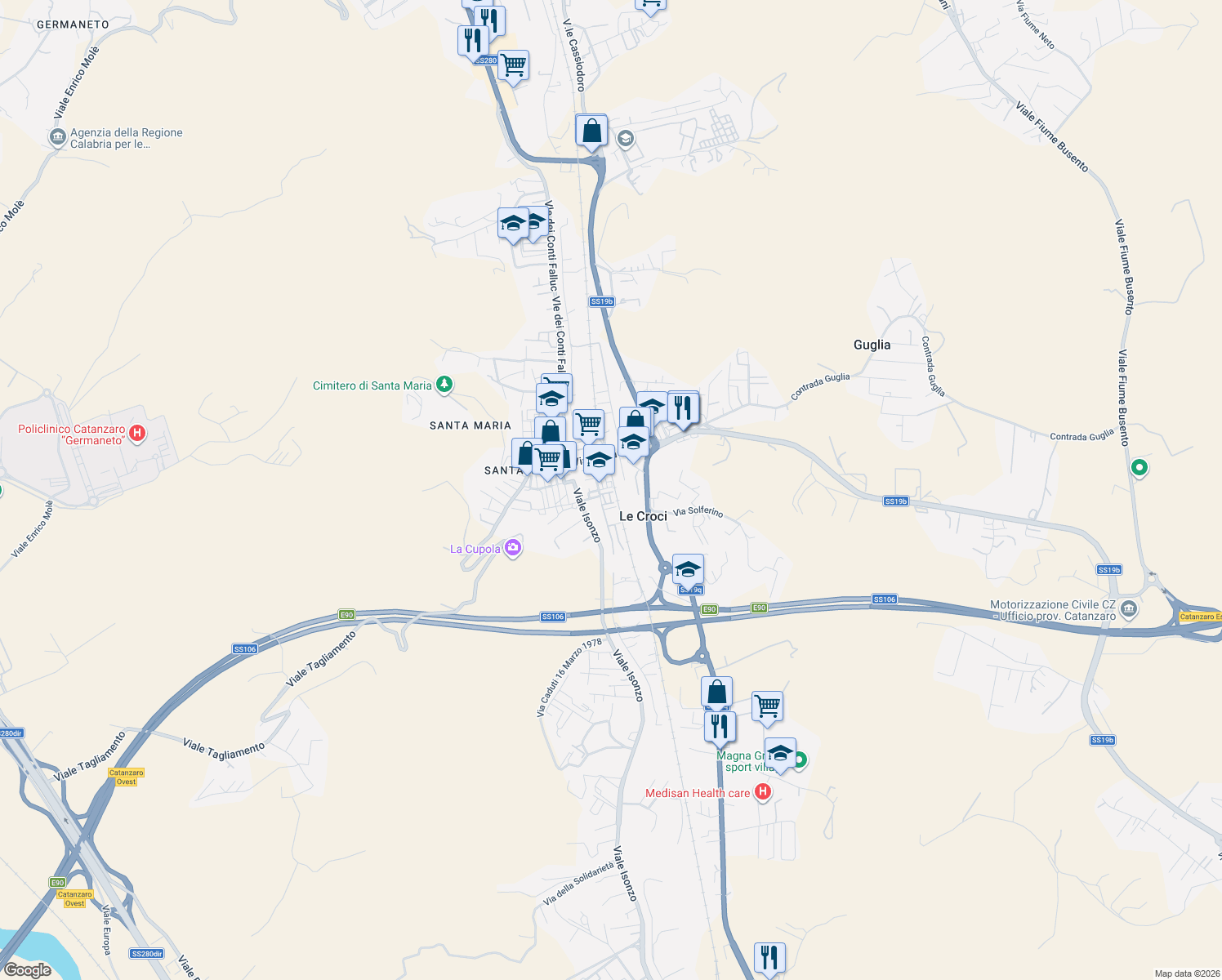 map of restaurants, bars, coffee shops, grocery stores, and more near 11 Via Molise in Catanzaro