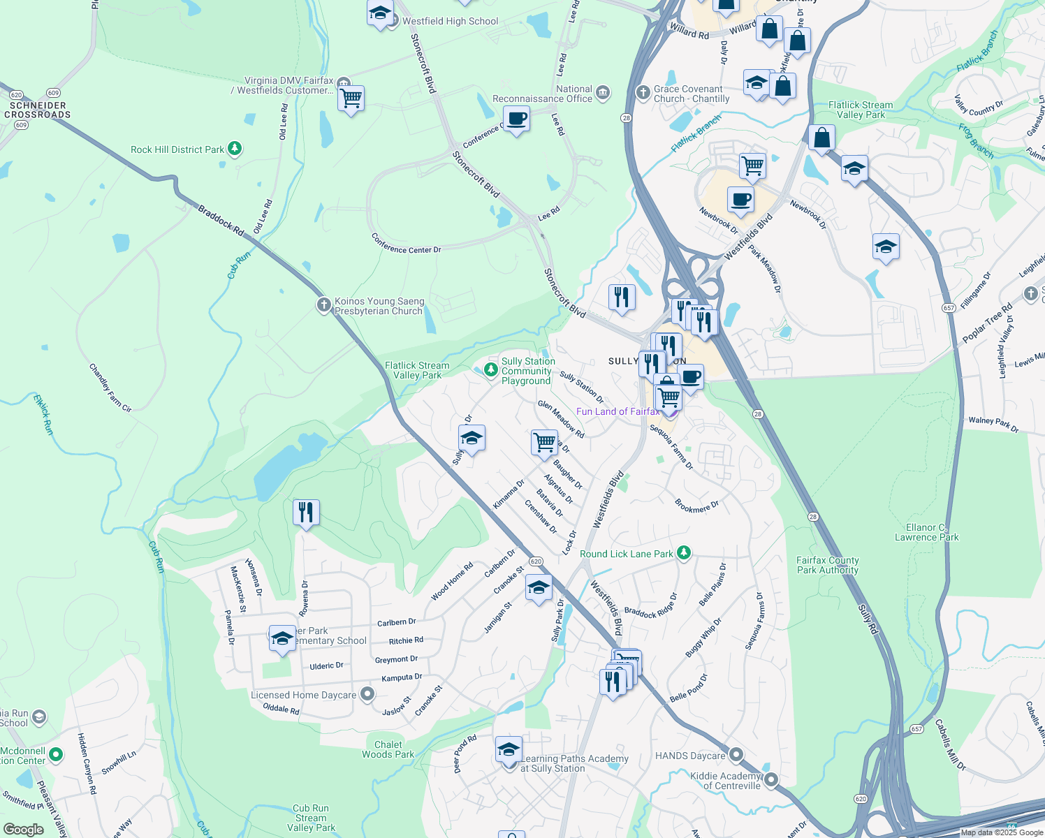 map of restaurants, bars, coffee shops, grocery stores, and more near 14705 Rabbit Run Court in Centreville