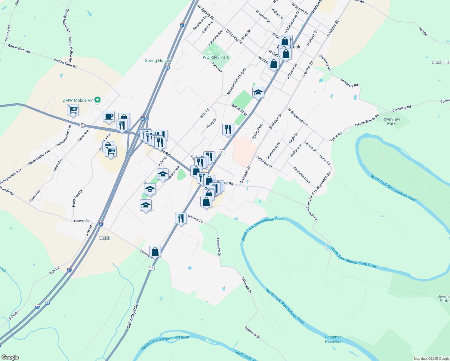 map of restaurants, bars, coffee shops, grocery stores, and more near 159 East Reservoir Road in Woodstock