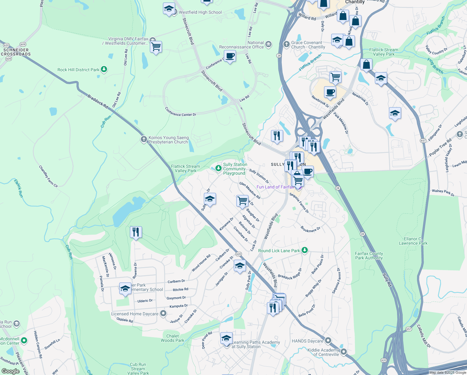 map of restaurants, bars, coffee shops, grocery stores, and more near 14703 Rabbit Run Court in Centreville
