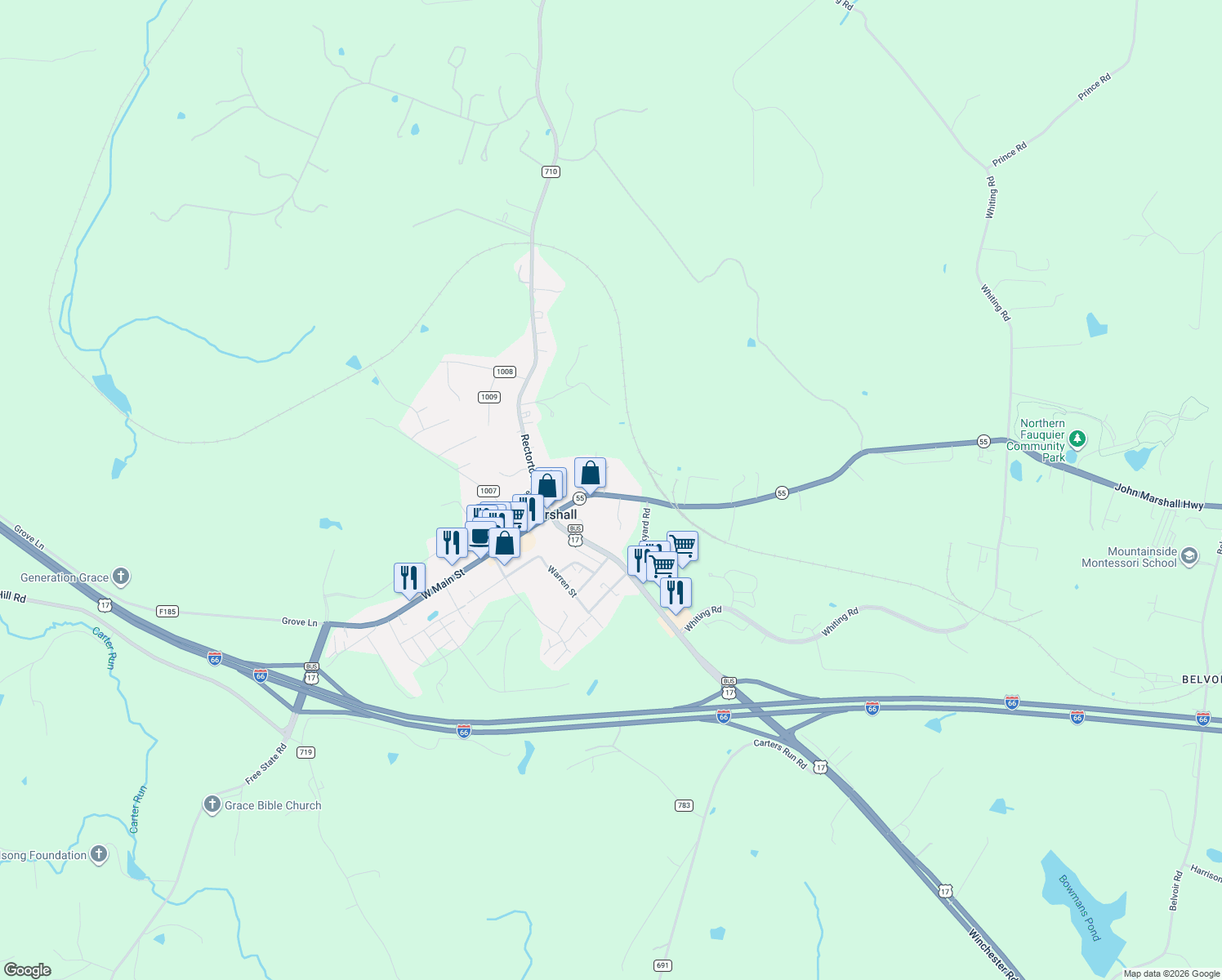 map of restaurants, bars, coffee shops, grocery stores, and more near 8272 East Main Street in Marshall