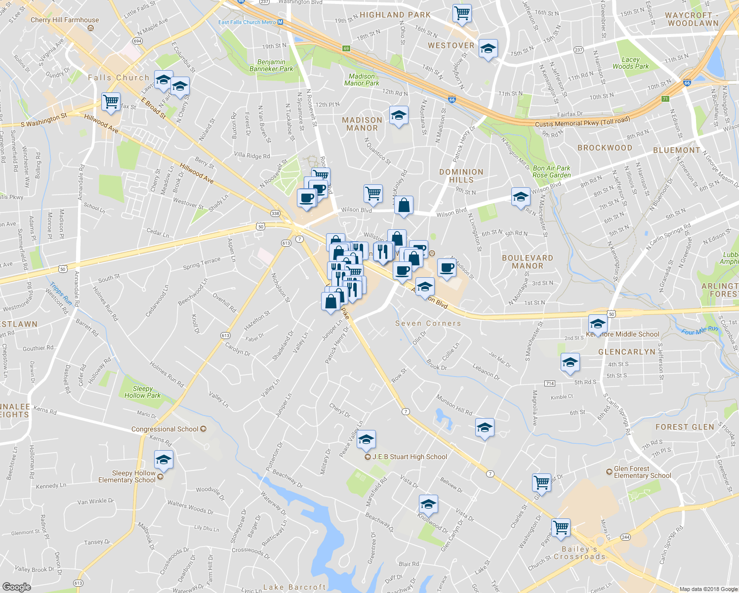 map of restaurants, bars, coffee shops, grocery stores, and more near 3044 Patrick Henry Drive in Falls Church