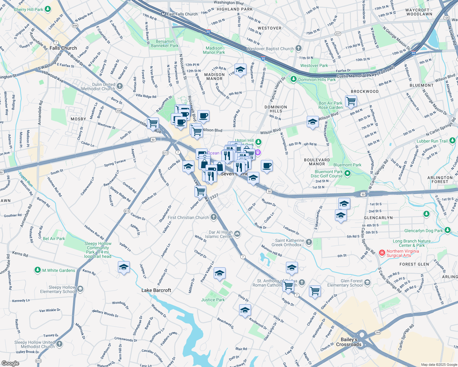 map of restaurants, bars, coffee shops, grocery stores, and more near 3014 Patrick Henry Drive in Falls Church