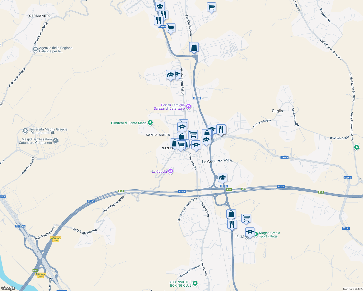 map of restaurants, bars, coffee shops, grocery stores, and more near 19 Via del Risorgimento in Catanzaro