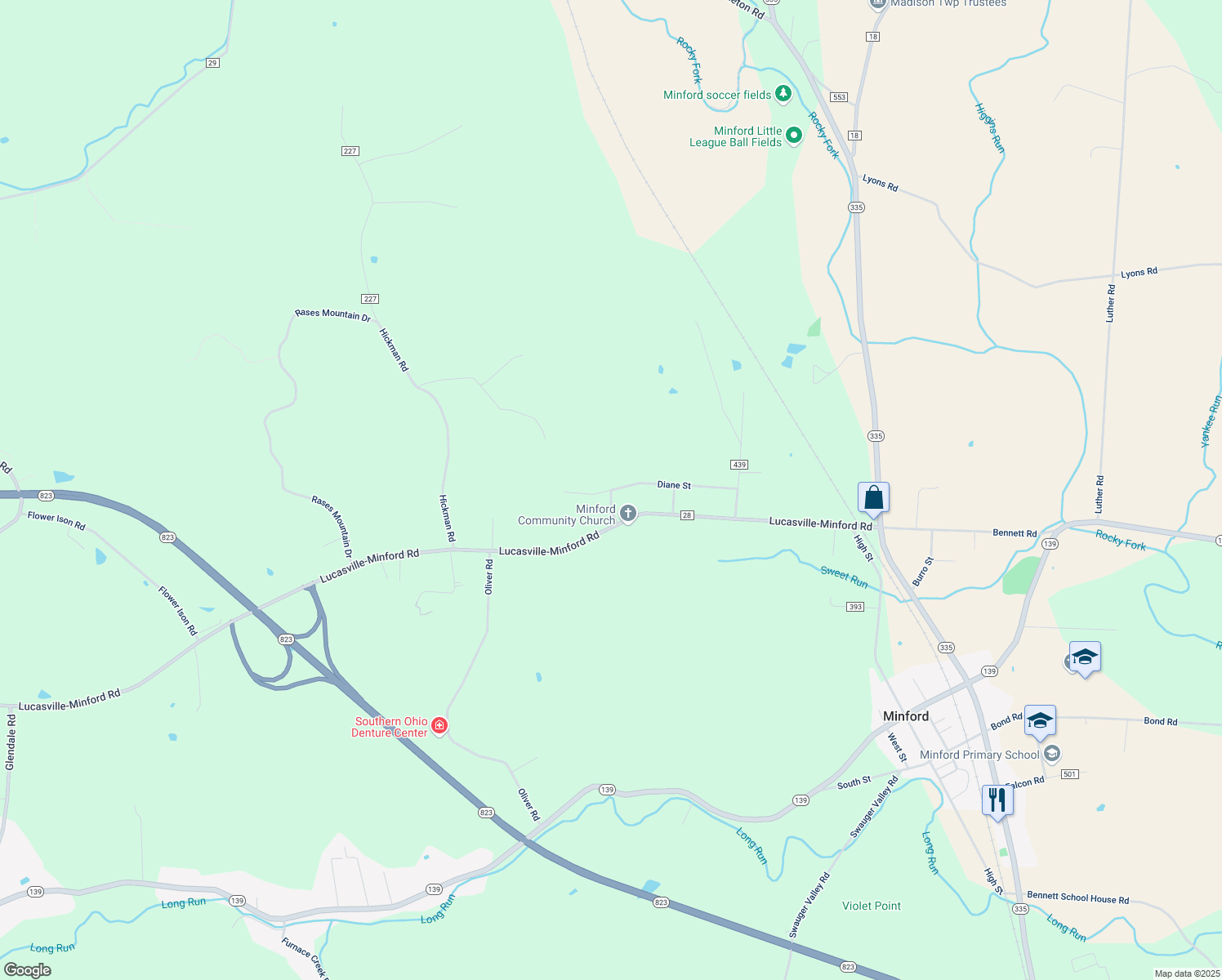 map of restaurants, bars, coffee shops, grocery stores, and more near 391 Diane Street in Minford