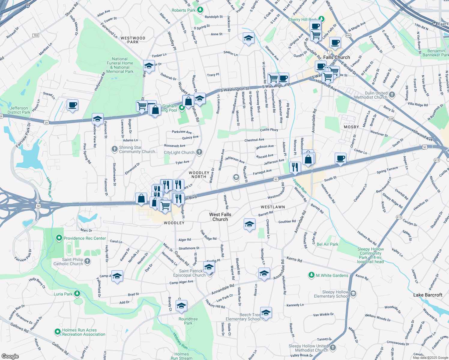 map of restaurants, bars, coffee shops, grocery stores, and more near 7010 Aronow Drive in Falls Church