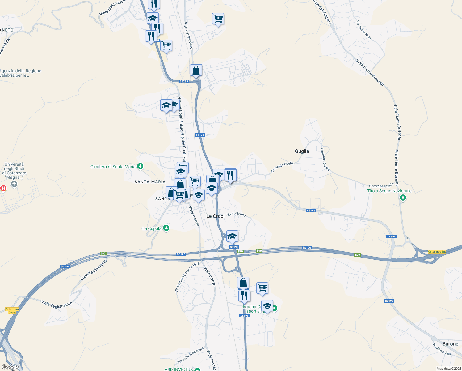 map of restaurants, bars, coffee shops, grocery stores, and more near 44 Viale Emilia in Catanzaro