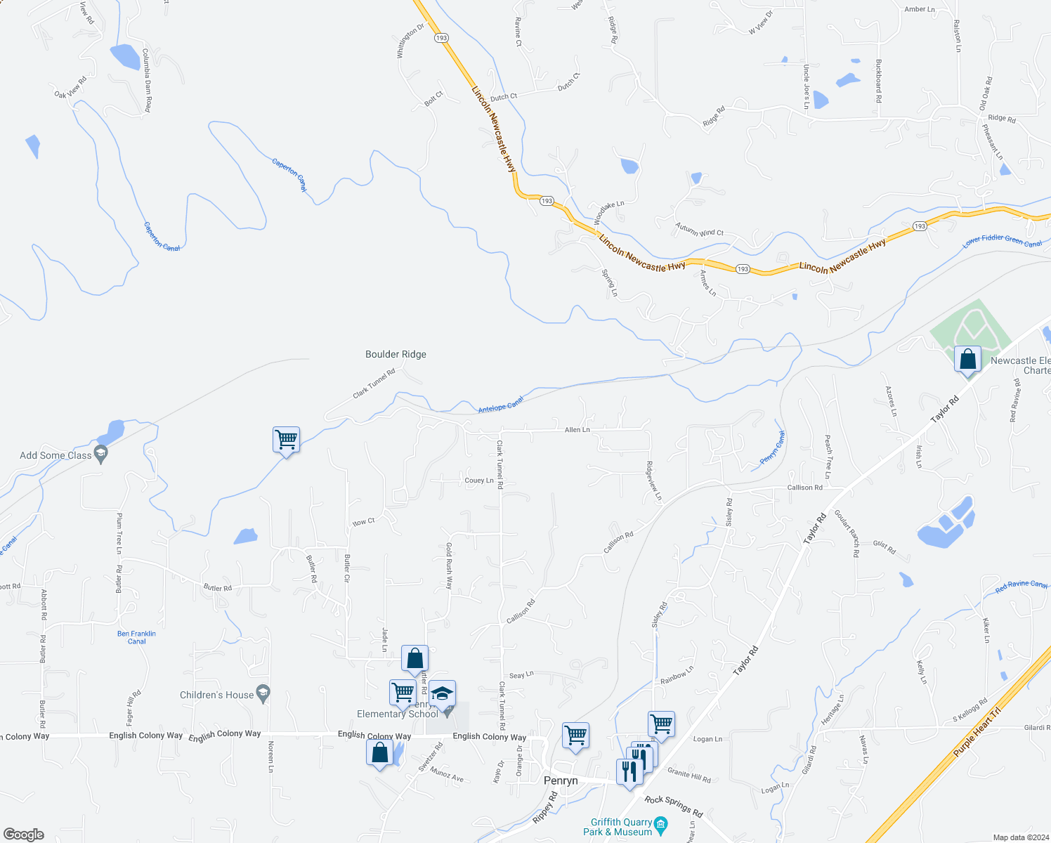 map of restaurants, bars, coffee shops, grocery stores, and more near 7087 Allen Lane in Penryn