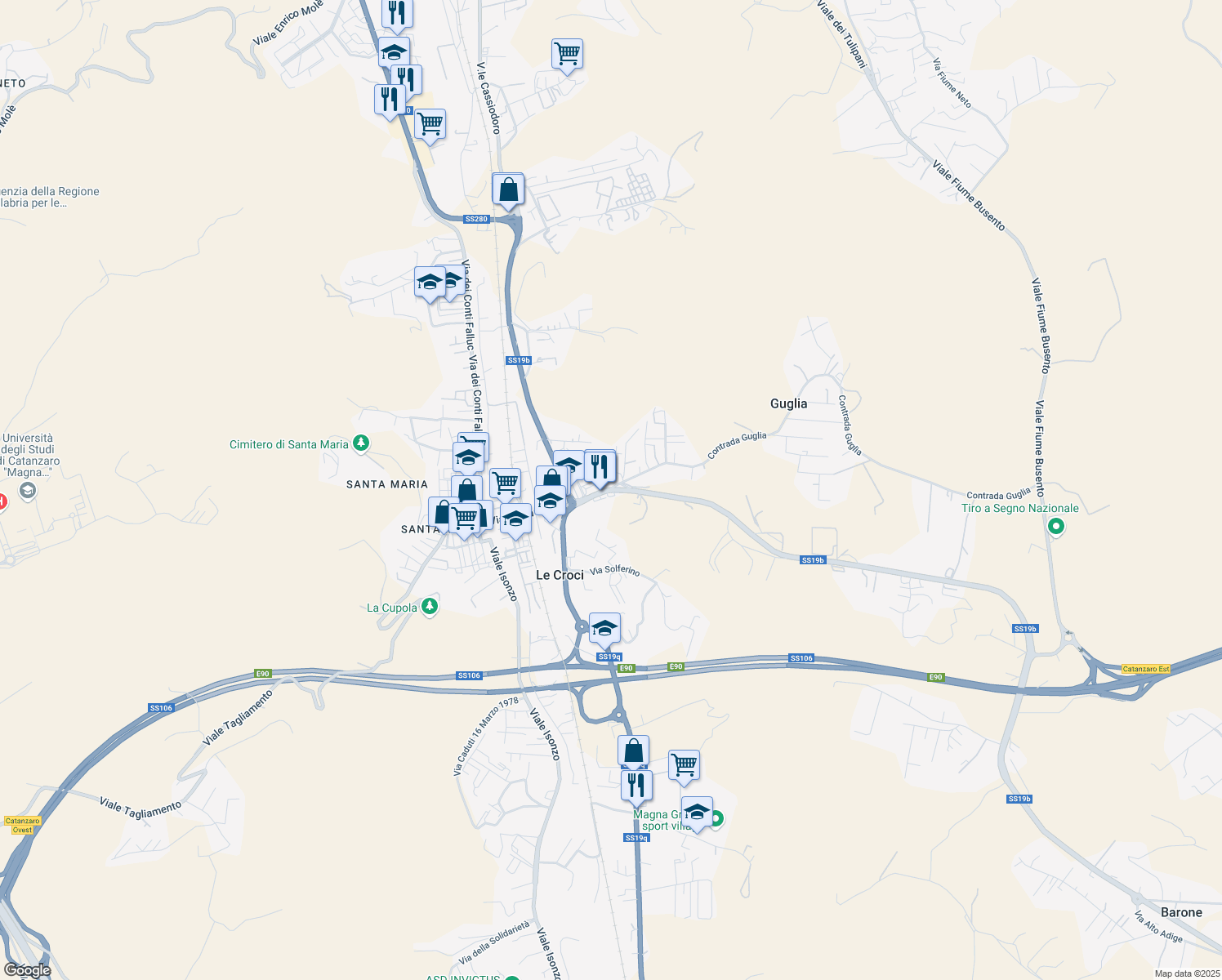 map of restaurants, bars, coffee shops, grocery stores, and more near 44 Viale Emilia in Provincia di Catanzaro
