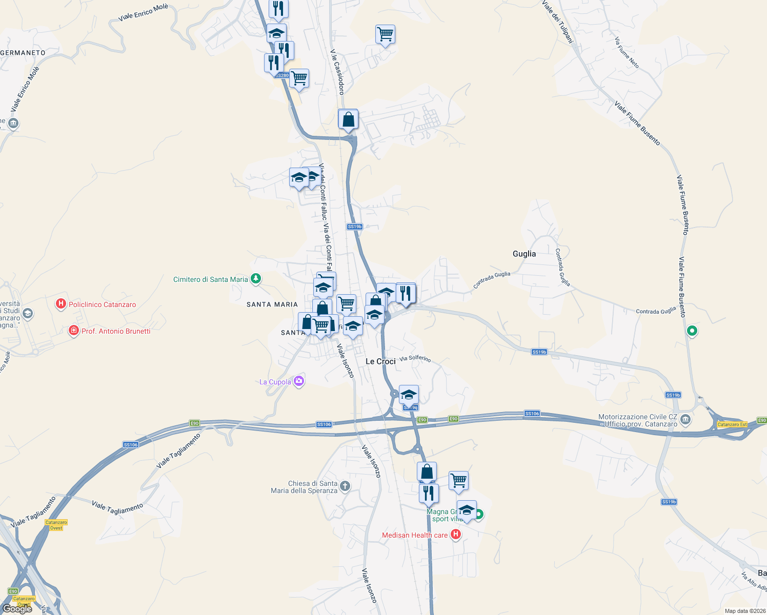 map of restaurants, bars, coffee shops, grocery stores, and more near 88 Viale Cassiodoro in Catanzaro