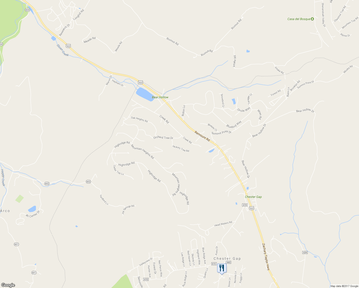 map of restaurants, bars, coffee shops, grocery stores, and more near 129 Hickory Tree Road in Front Royal