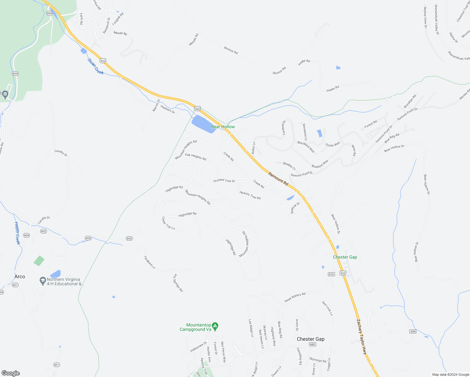 map of restaurants, bars, coffee shops, grocery stores, and more near 44 Hickory Tree Road in Front Royal