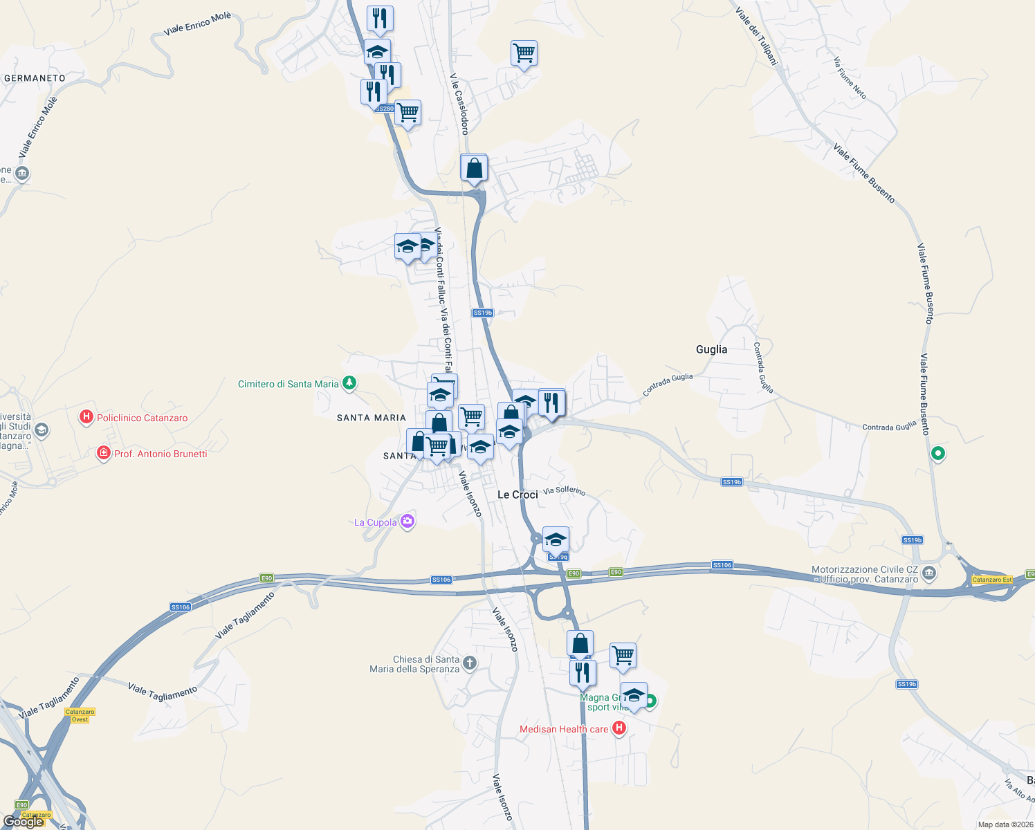 map of restaurants, bars, coffee shops, grocery stores, and more near 88 Viale Cassiodoro in Catanzaro
