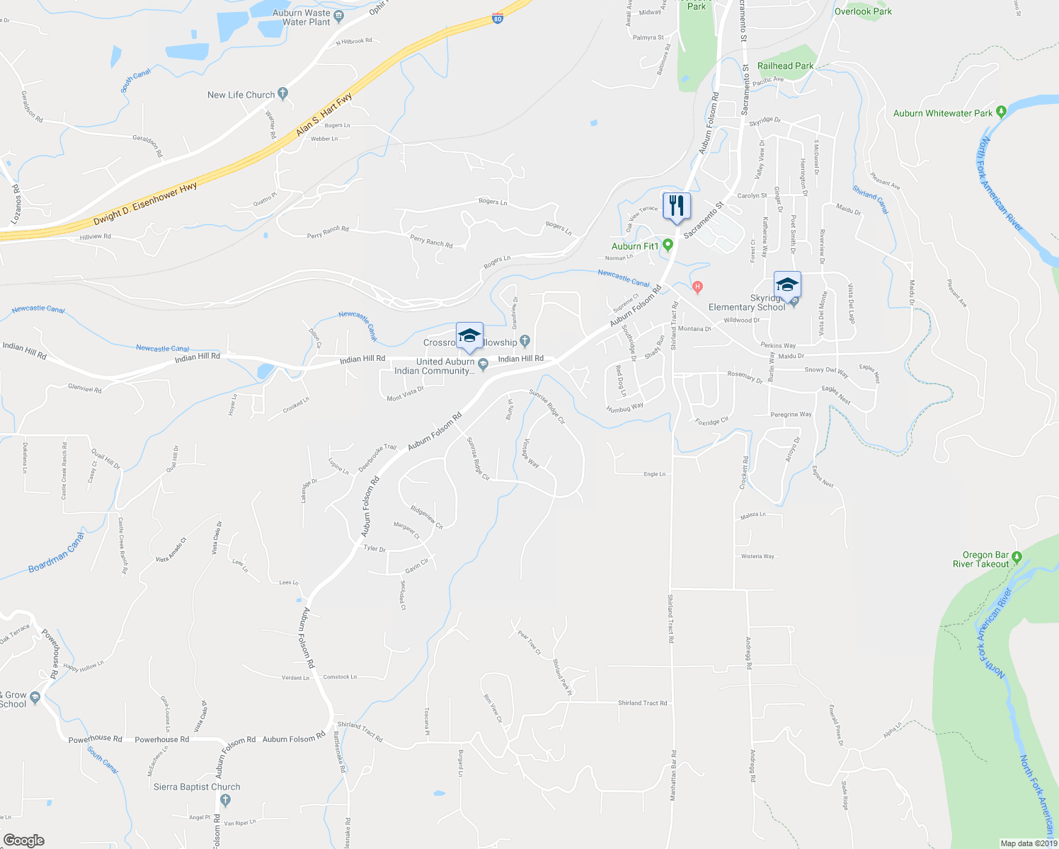 map of restaurants, bars, coffee shops, grocery stores, and more near 1218 Vintage Way in Auburn