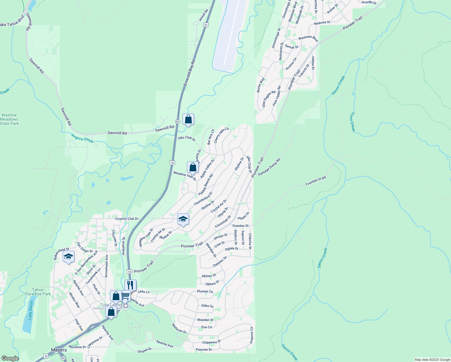 map of restaurants, bars, coffee shops, grocery stores, and more near 1520 Skyline Drive in South Lake Tahoe