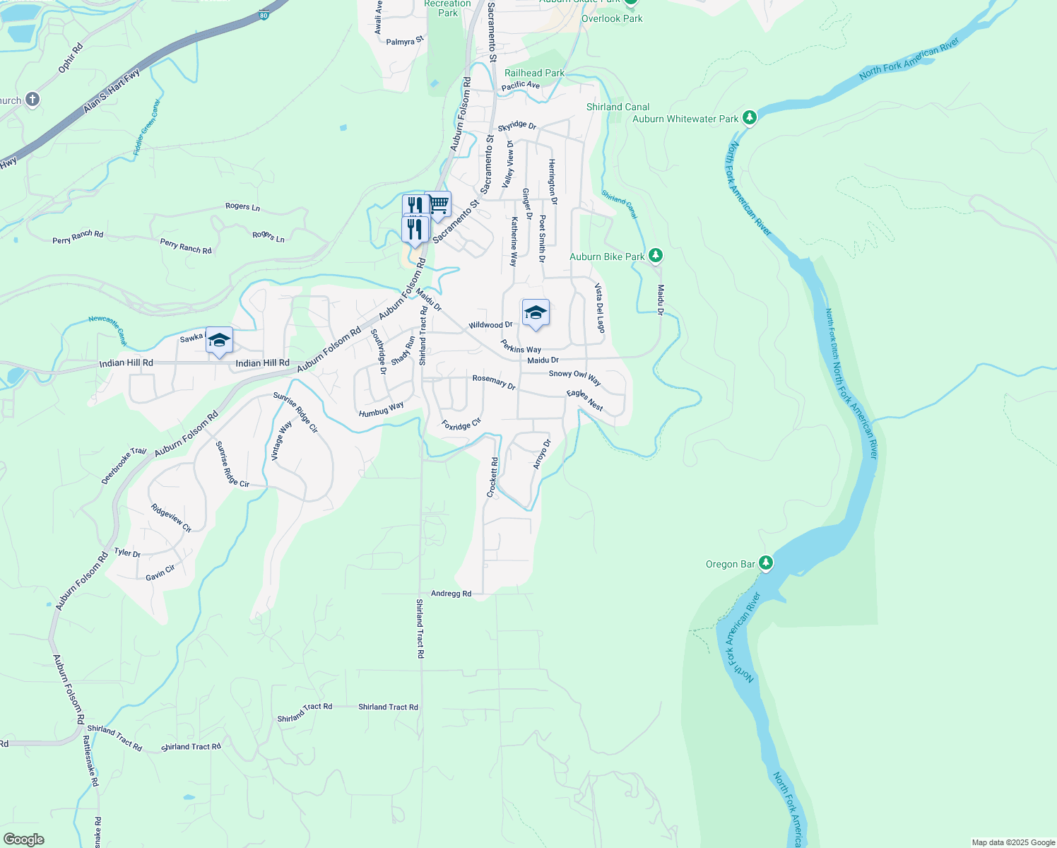 map of restaurants, bars, coffee shops, grocery stores, and more near 12070 Peregrine Way in Auburn