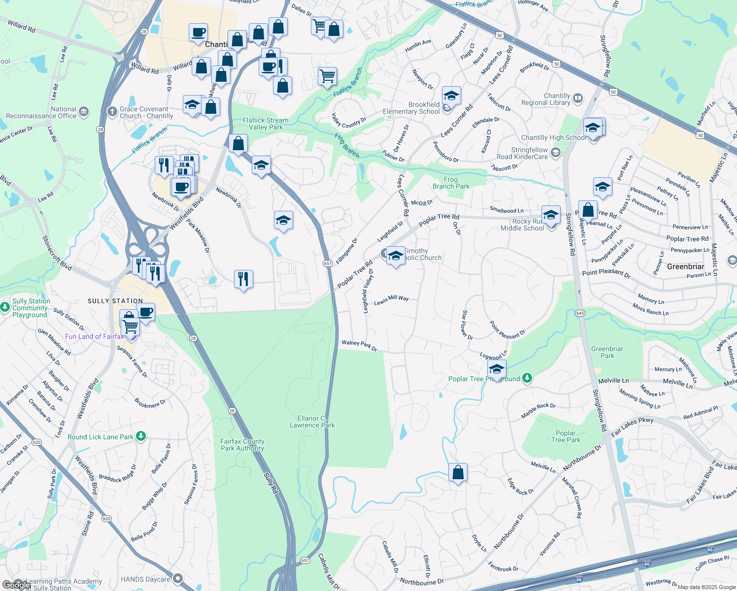 map of restaurants, bars, coffee shops, grocery stores, and more near 4715 Leighfield Valley Dr in Chantilly