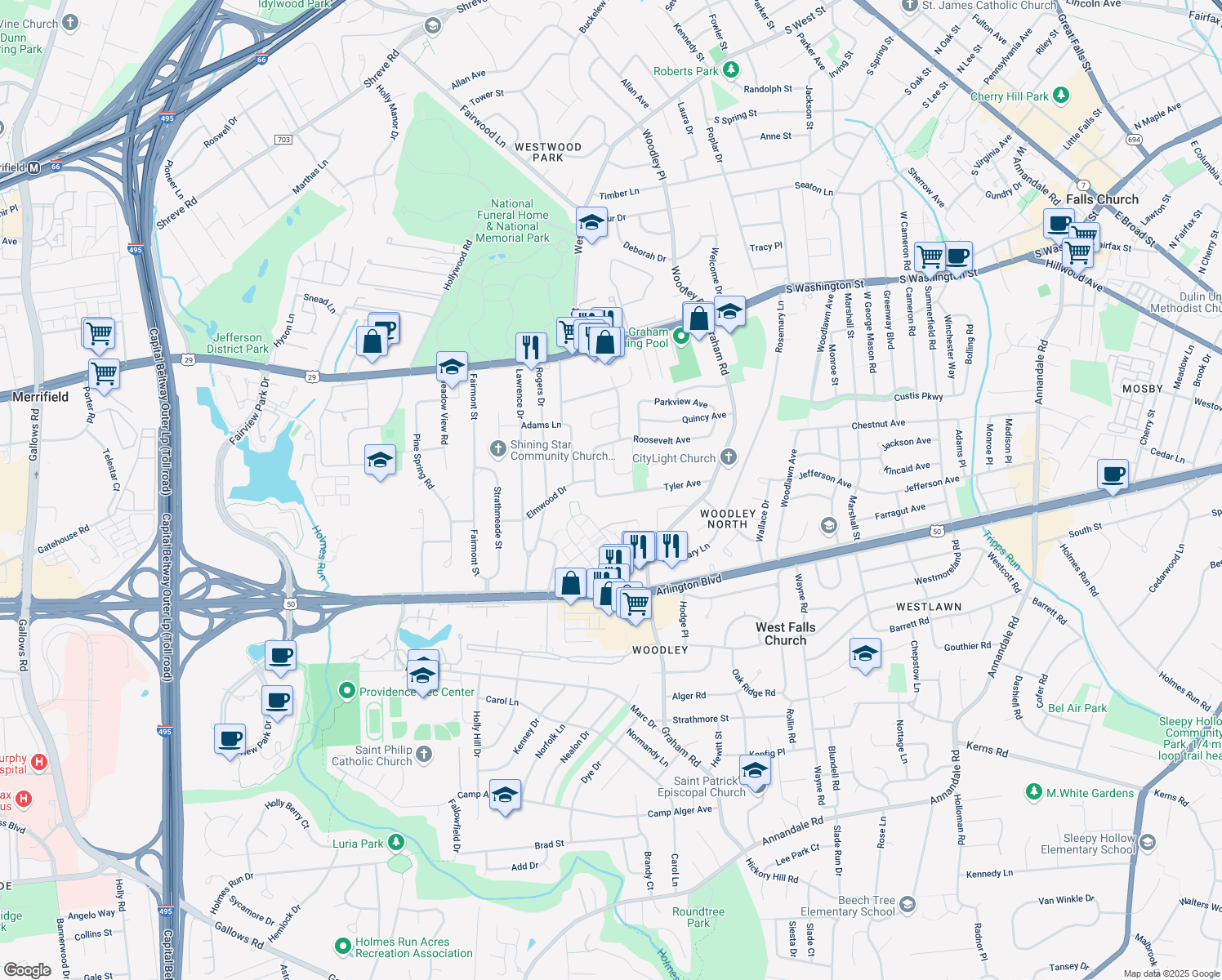 map of restaurants, bars, coffee shops, grocery stores, and more near 7302 Tyler Avenue in Falls Church