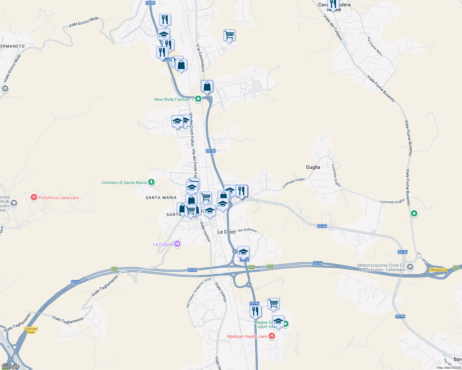 map of restaurants, bars, coffee shops, grocery stores, and more near 14 Via della Resistenza in Catanzaro