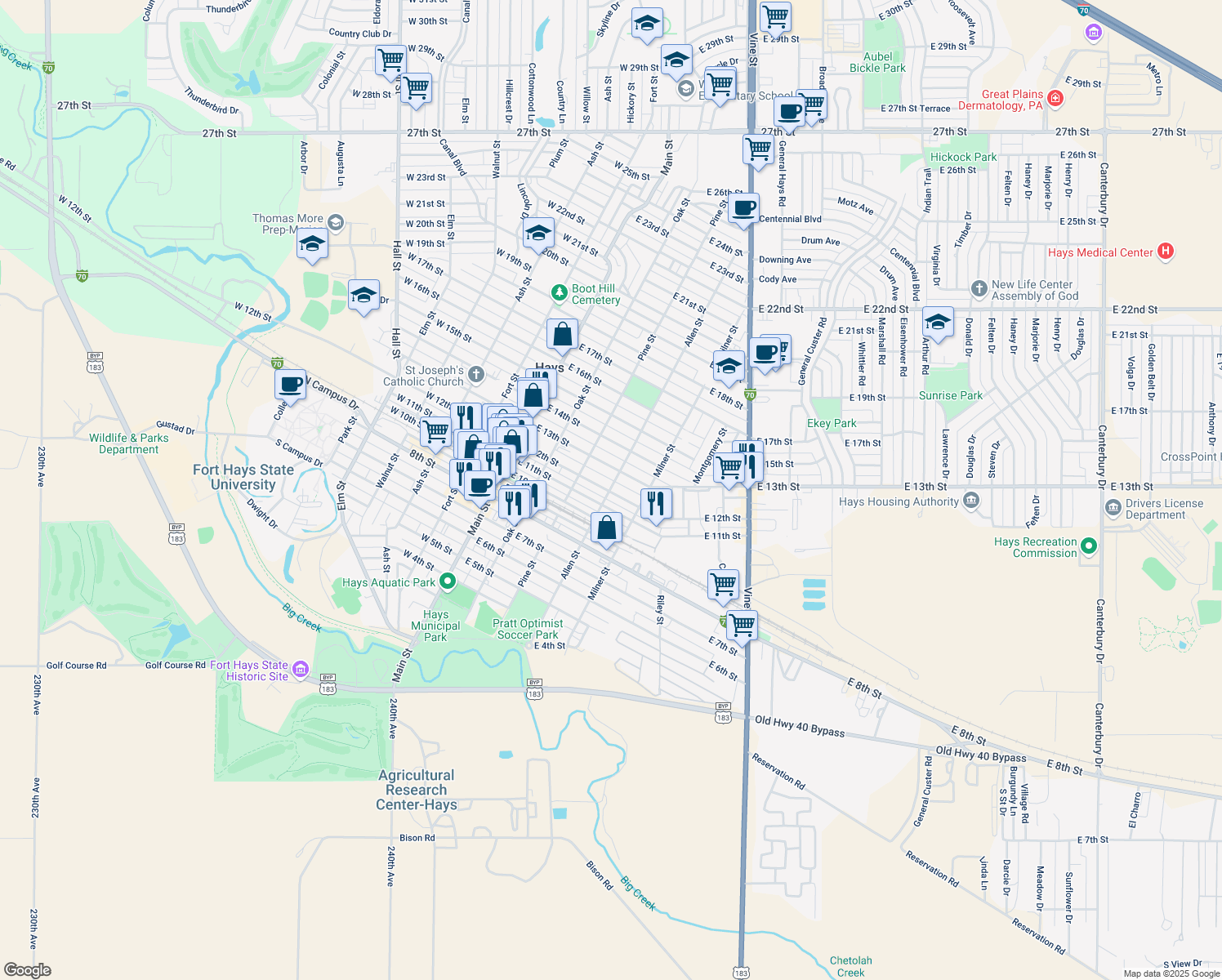map of restaurants, bars, coffee shops, grocery stores, and more near 399 E 12th St in Hays