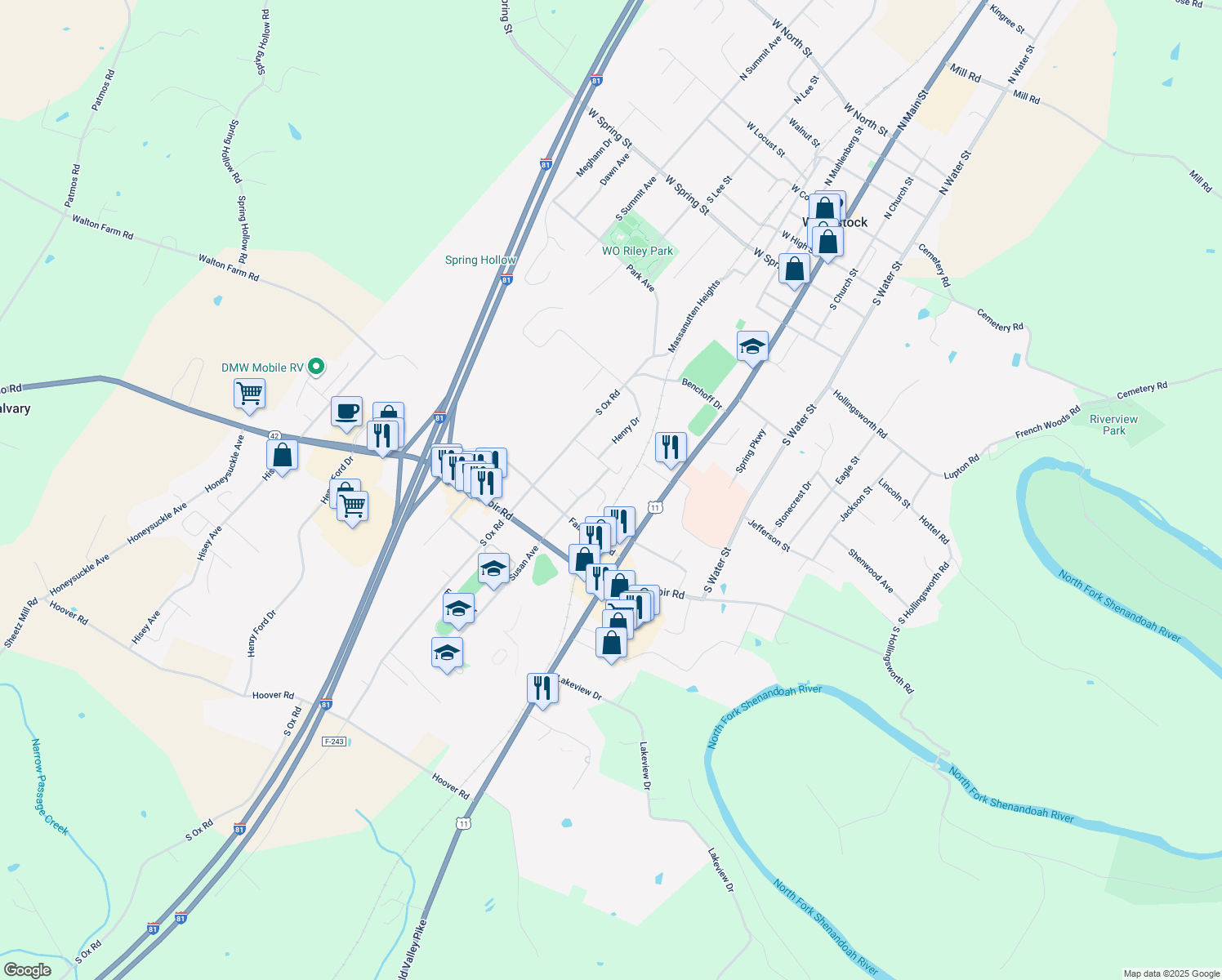 map of restaurants, bars, coffee shops, grocery stores, and more near 142 Miller Court in Woodstock