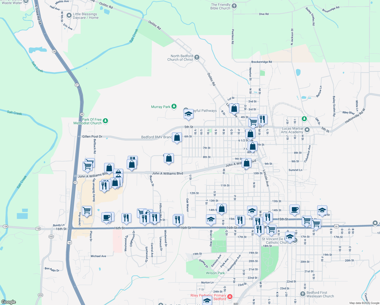 map of restaurants, bars, coffee shops, grocery stores, and more near 714 W St in Bedford
