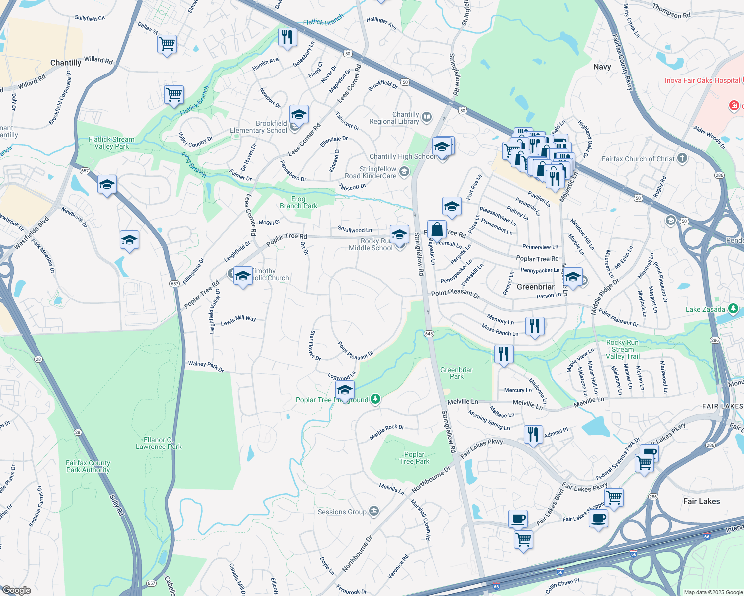 map of restaurants, bars, coffee shops, grocery stores, and more near 4512 Stone Pine Ct in Chantilly