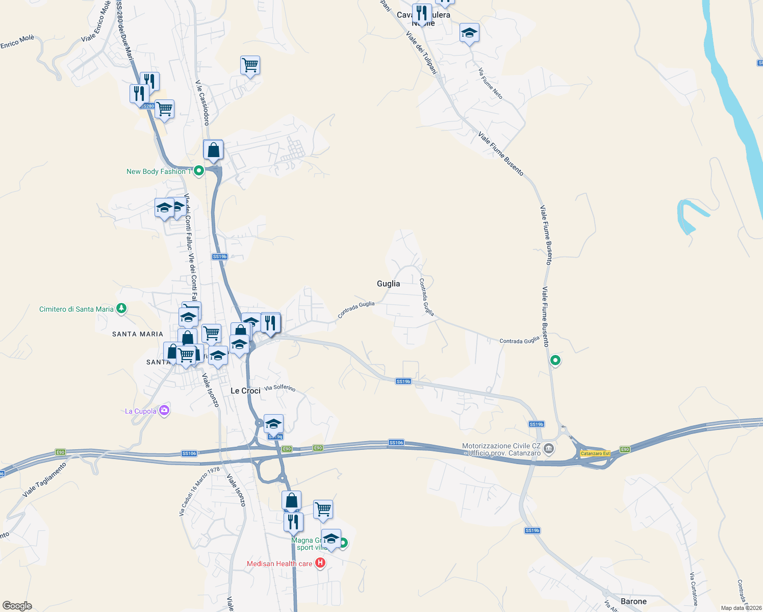 map of restaurants, bars, coffee shops, grocery stores, and more near 36 Contrada Guglia in Guglia