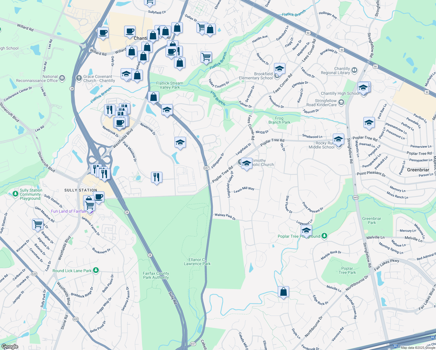 map of restaurants, bars, coffee shops, grocery stores, and more near 13912 Poplar Tree Rd in Chantilly