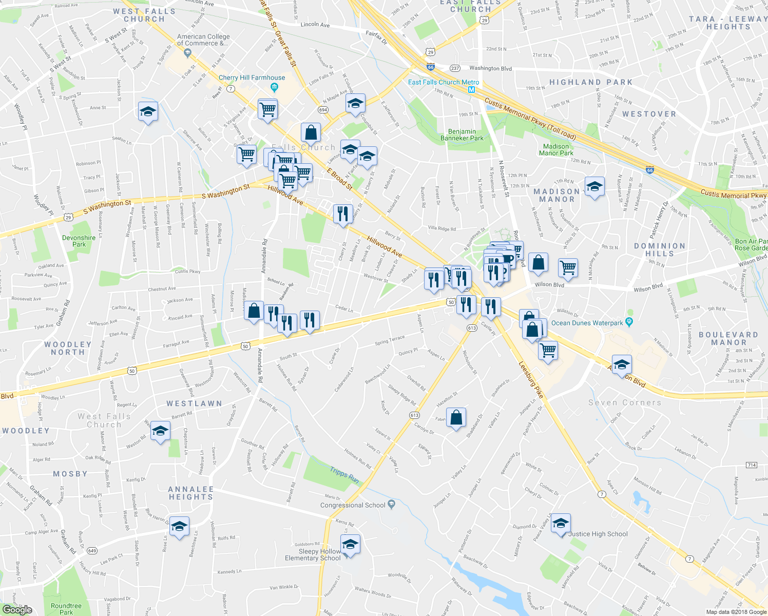 map of restaurants, bars, coffee shops, grocery stores, and more near 6444 South Street in Falls Church