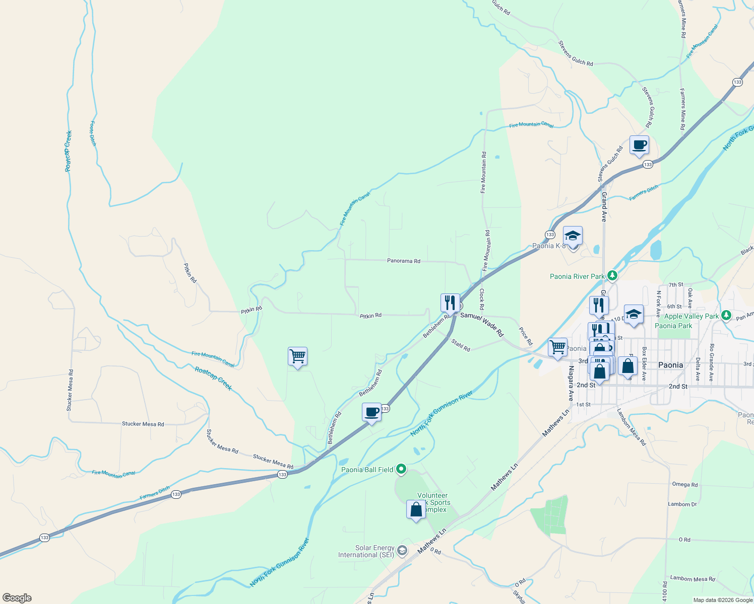 map of restaurants, bars, coffee shops, grocery stores, and more near 39625 Pitkin Rd in Paonia