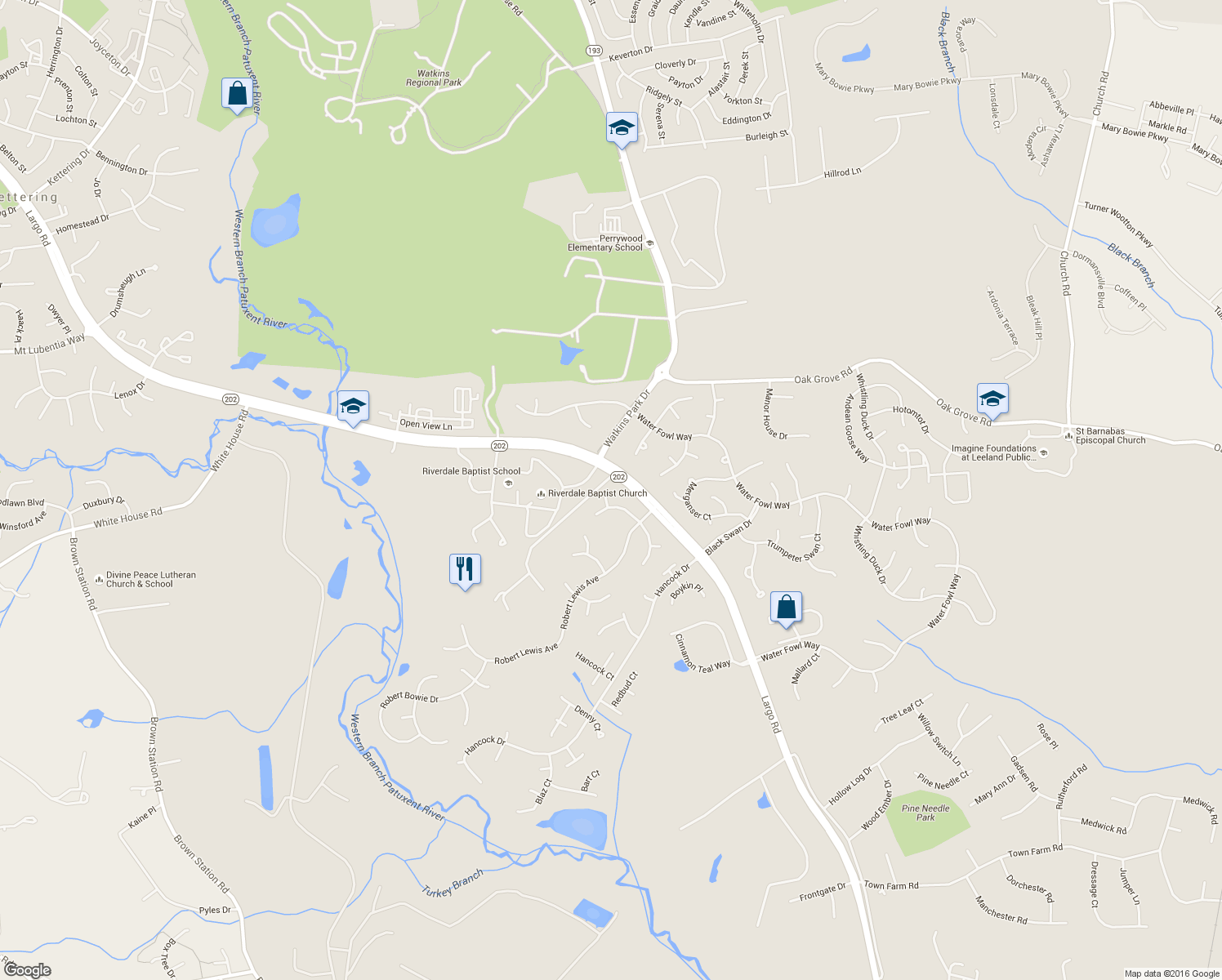 map of restaurants, bars, coffee shops, grocery stores, and more near 1202 Blithe Court in Upper Marlboro