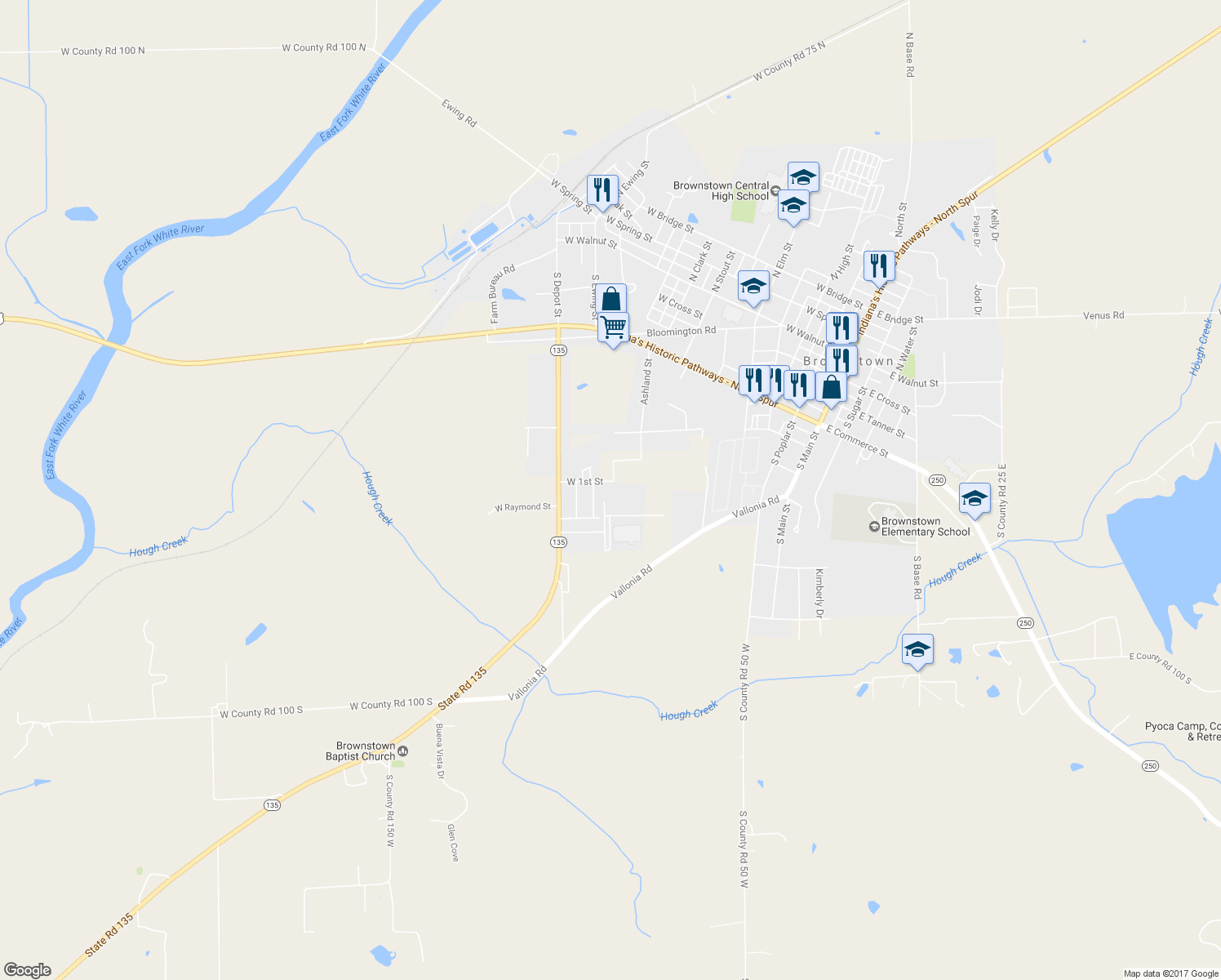 map of restaurants, bars, coffee shops, grocery stores, and more near 871 West 1st Street in Brownstown