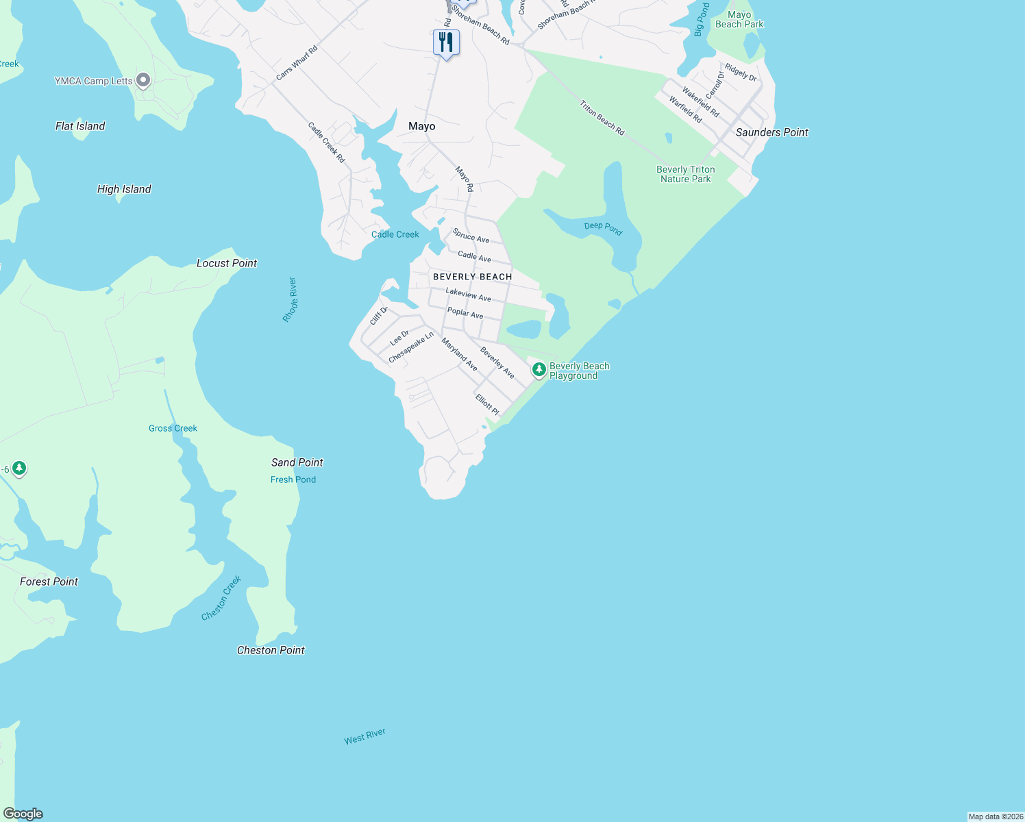 map of restaurants, bars, coffee shops, grocery stores, and more near 400 Chesapeake Dr in Mayo