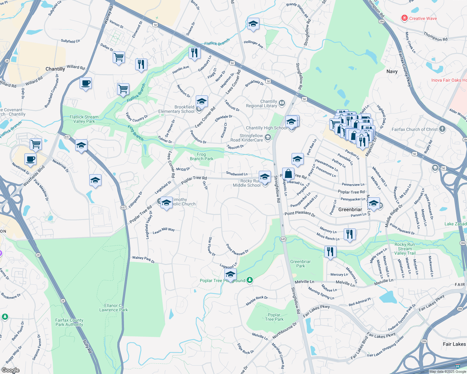 map of restaurants, bars, coffee shops, grocery stores, and more near 4401 Ivory Coast Court in Chantilly