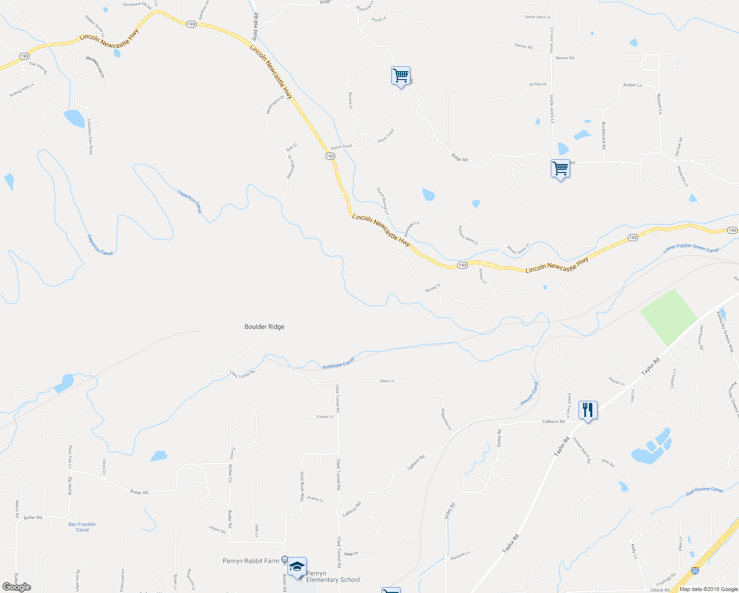 map of restaurants, bars, coffee shops, grocery stores, and more near 223 Spring Lane in Newcastle