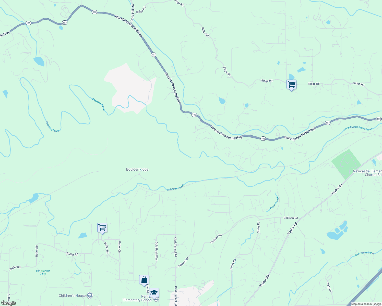 map of restaurants, bars, coffee shops, grocery stores, and more near 223 Spring Lane in Newcastle