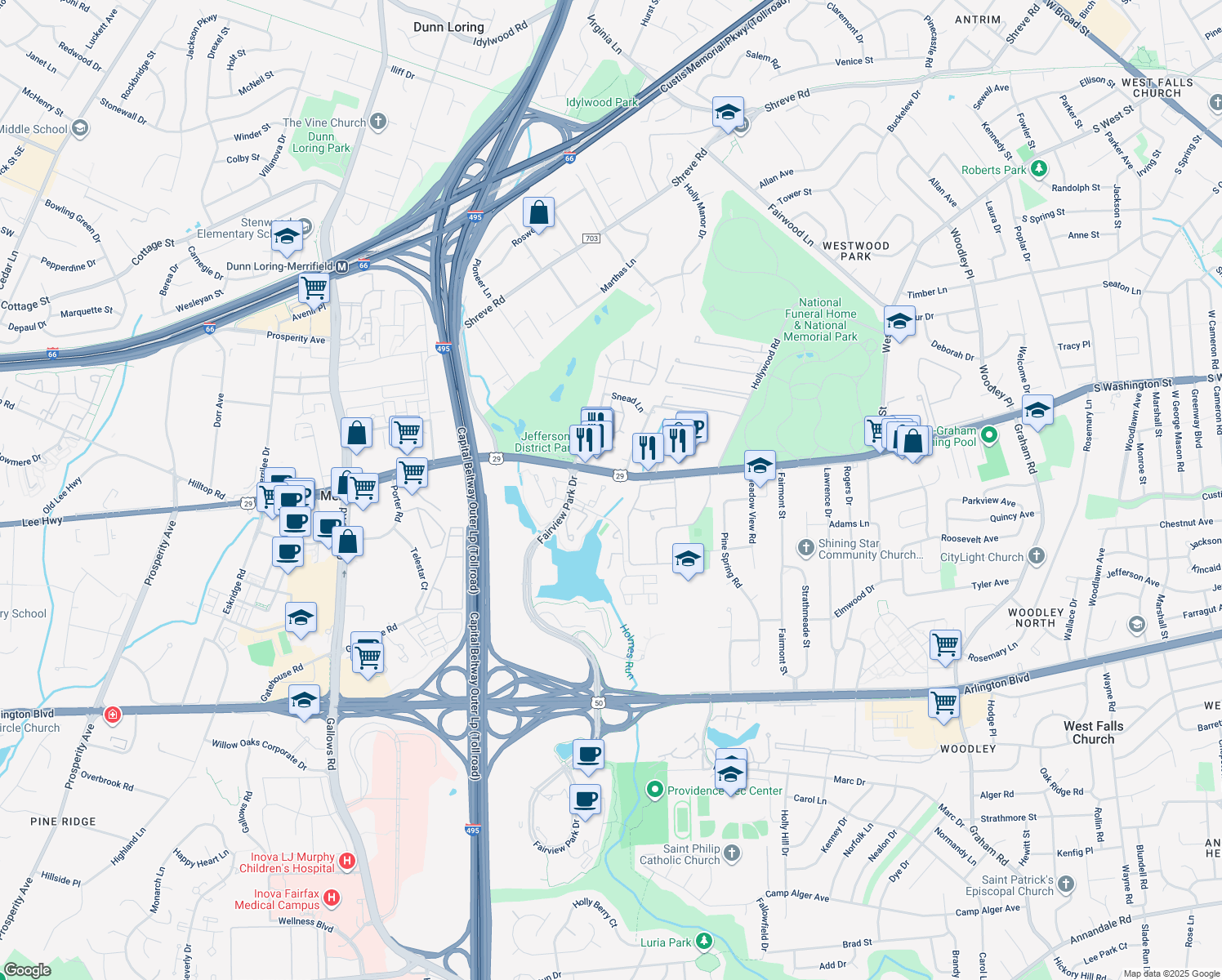 map of restaurants, bars, coffee shops, grocery stores, and more near 2809 New Providence Court in Falls Church